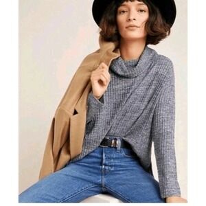 Anthropologie Maeve Gray Ribbed Cowl Neck Sweater Size L EC